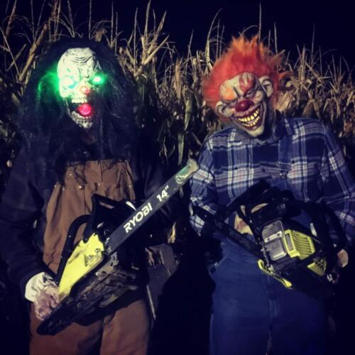 Creepy chainsaw yielding clowns in the Field off Fright